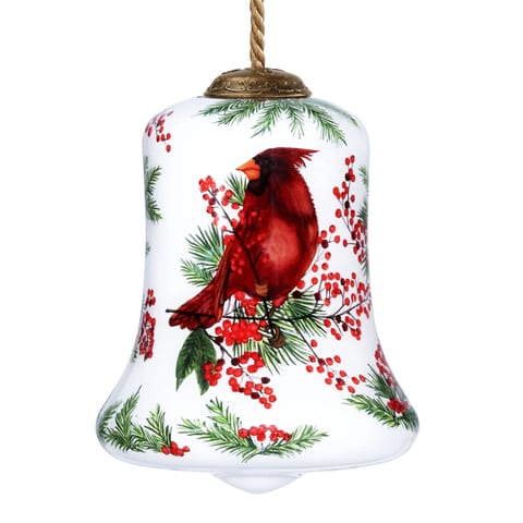 HMS Hand-Painted Mouth Blown Glass Ornament Cardinal Perched on Winter Berries