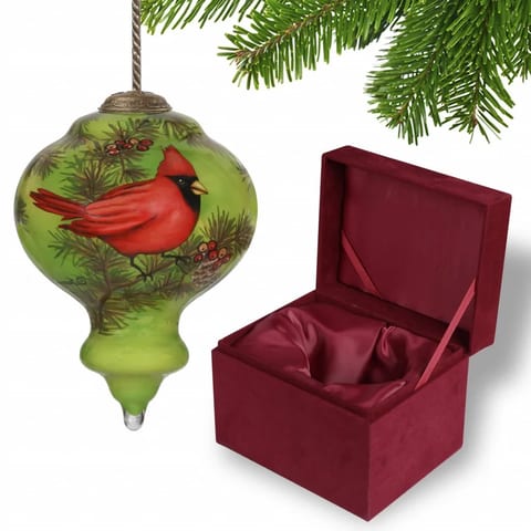 HMS Red Majestic Cardinal Hand Painted Mouth Blown Glass Ball Ornament for Home