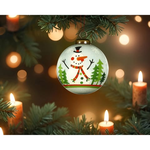 HMS Festive Glitter Snowman Ornament Hand Painted Mouth Blown Glass Christmas