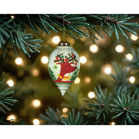 HMS Festive Glitter Reindeer Ornament Hand Painted Mouth Blown Glass Christmas