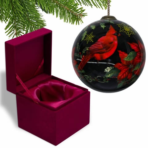 HMS Hand-Painted Mouth Blown Glass Ornament-Glossy Red Cardinal for Christmas