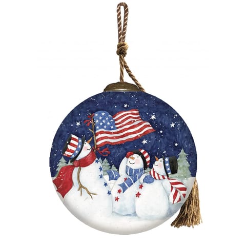 HMS Hand-Painted Mouth Blown Glass Ornament Three Snowmen and an American Flag