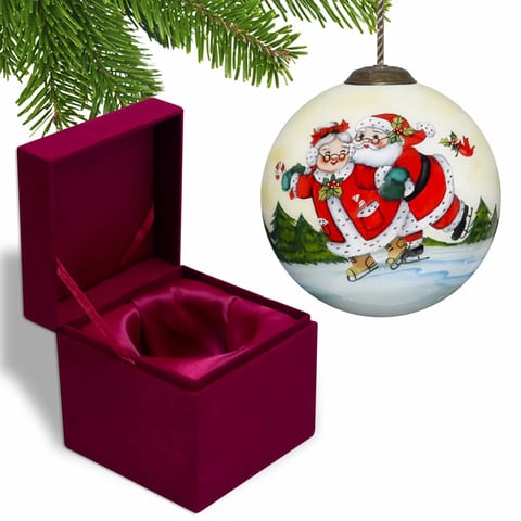 HMS Hand Painted Mouth Blown Glass Ornament Ice Skating Mr. and Mrs. Santa for