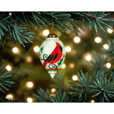 HMS Festive Glitter Red Cardinal Hand Painted Mouth Blown Glass Ornament