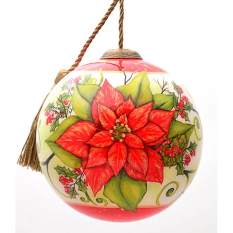 HMS Mini Hand Painted Poinsettia Flower Mouth Blown Glass Ornament Custom Size