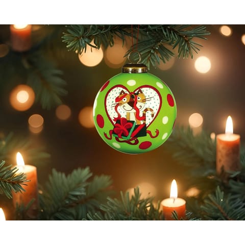 HMS Hand-Painted Cat in a Heart Ornament Mouth Blown Glass Christmas Ball &