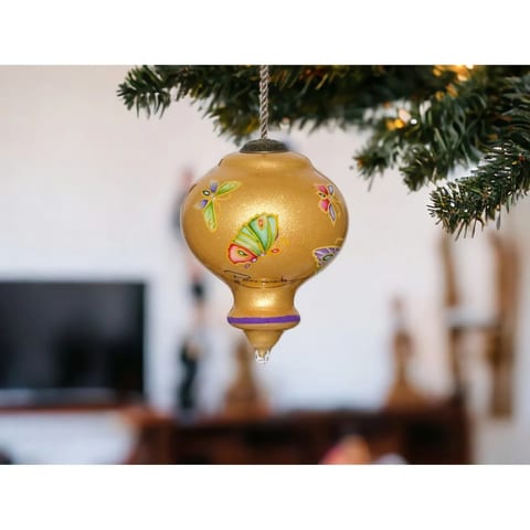 HMS Golden Butterflies Hand Painted Mouth Blown Glass Ornament Extravagant