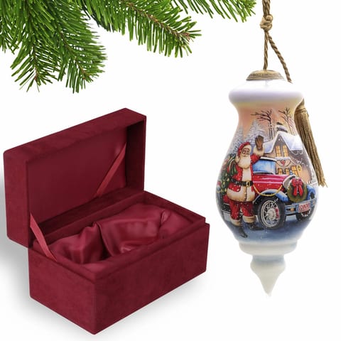 HMS Vintage Hand-Painted Mouth Blown Glass Ornament Car and Santa Waving for
