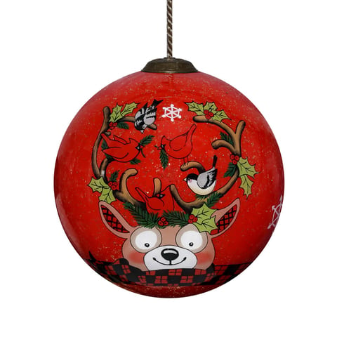 HMS Hand-Painted Mouth Blown Glass Ornament Reindeer with Plaids and Cardinals