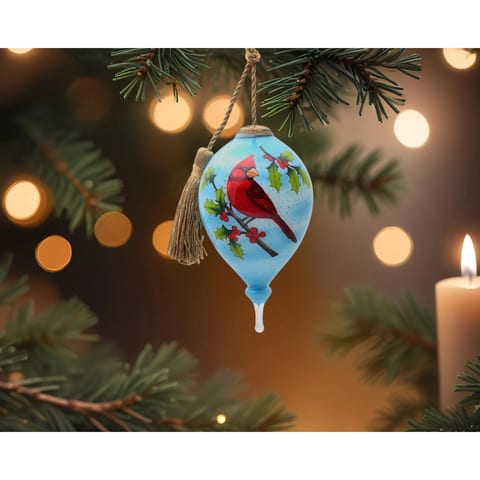 Hand Painted Mouth Blown Glass Ornament HMS Red Cardinal on Christmas Holly
