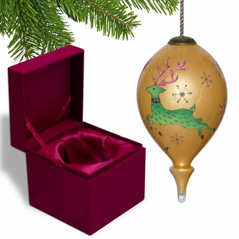 HMS Luxury Golden Reindeer and Snowflakes Hand Painted Mouth Blown Glass
