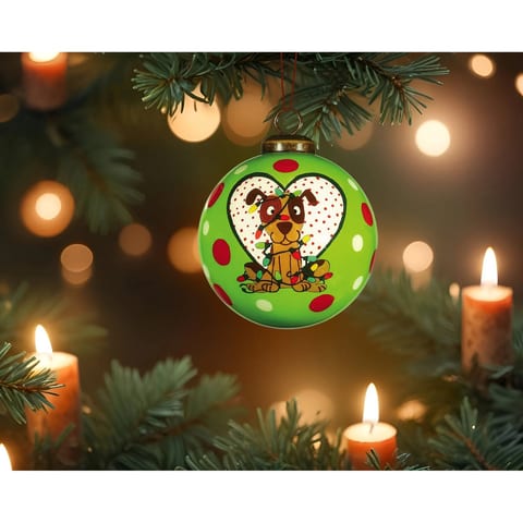 HMS Hand Painted Mouth Blown Glass Ornament Charming Dog in a Heart for