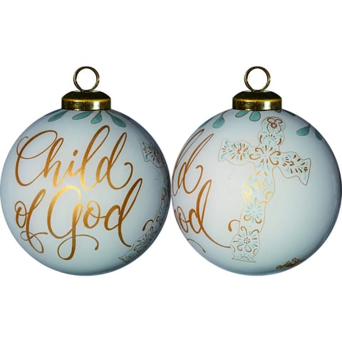 HMS Hand Painted Mouth Blown Glass Ornament White and Gold 'Child of God'