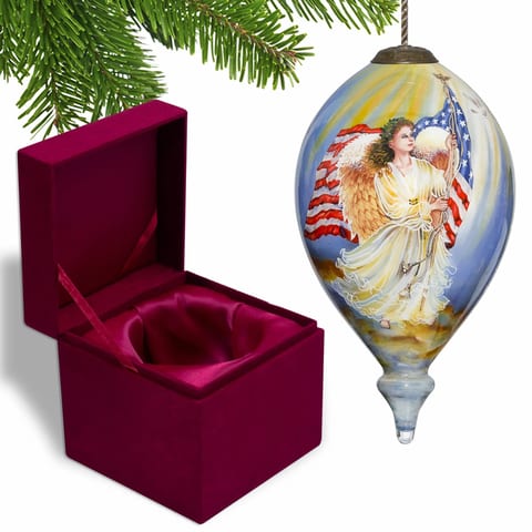 Hand Painted American Flag Angel Ornament Mouth Blown Glass Christmas Ball &