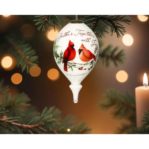 HMS Hand Painted Mouth Blown Glass Ornament Cardinals Gather Together with Joy