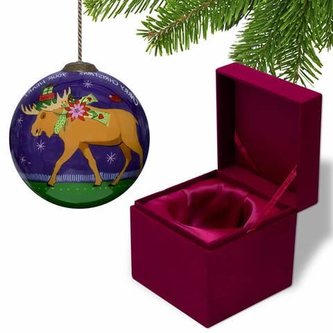 Hand Painted & Mouth Blown Glass Christmas Moose Ornament HMS Walking Moose