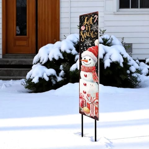 HMS 42\" Solid Wood Garden Stake Black White Red Gold 'Let It Snow' Snowman
