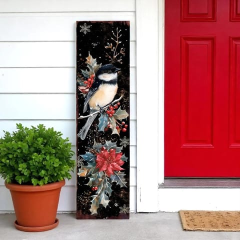 HMS 36\" Solid Wood Chickadee Porch Sign Black Red and White Christmas Holiday