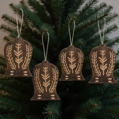 Handmade Set of Four Brown Wood Bell Shaped Christmas Ball & Tree Ornaments