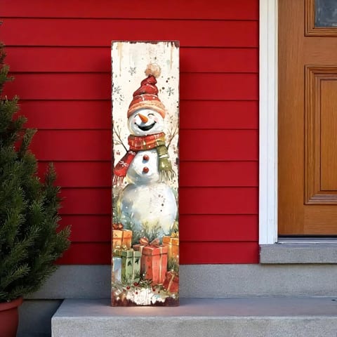 HMS 36\" Reversible Solid Wood Porch Sign Red & White Christmas Santa & Snowman