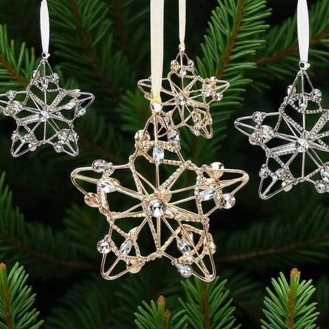 Handmade Faux Crystal and Metal Hanging Star Ornaments Set of Four in Gold and