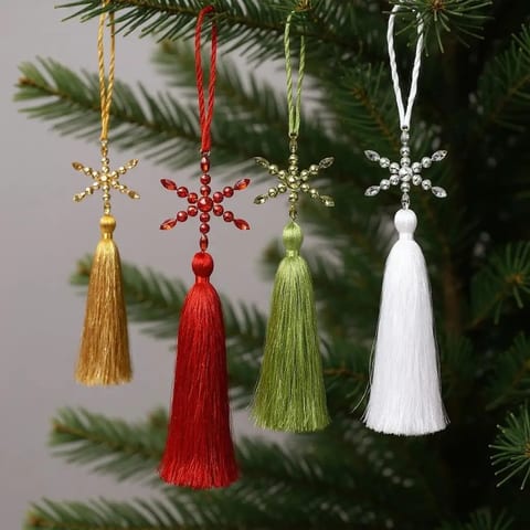 Handmade Set of Four Snowflake Ornaments in Gold Green Red White Christmas