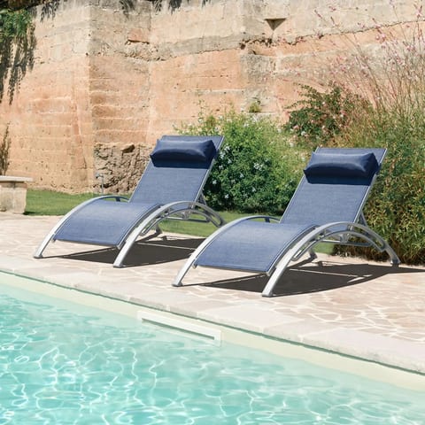 Set of 2 Adjustable Aluminum Outdoor Sun Loungers All Weather Poolside Chaise