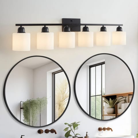 38.2in Matte Black Iron Frosted Milk Glass Bathroom Vanity Light 6-Light Wall