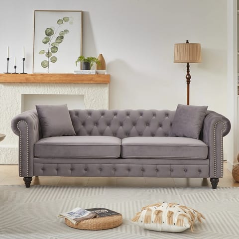 High-end Italian Postmodern Chesterfield Sofa Tufted Upholstered Fabric Light