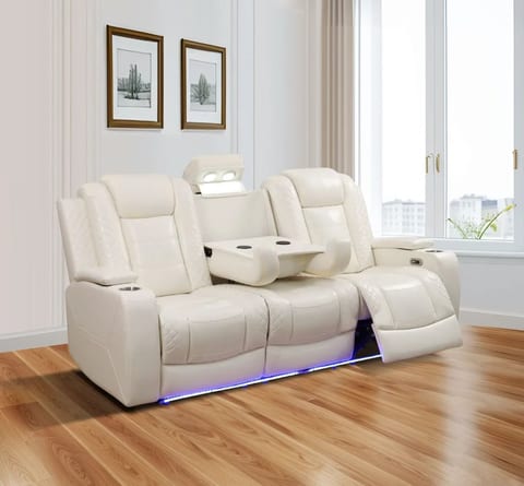 Modern Genuine Leather Convertible Extendable Square Cooling Recliner Sofa Set