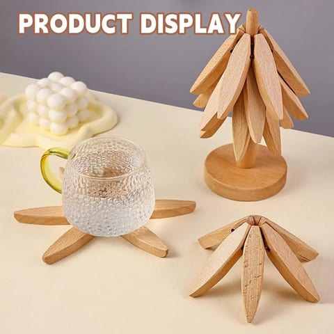 OFCTE Tree Shape Wooden Trivet Set 4 Foldable Trivets + 1 Stand Christmas
