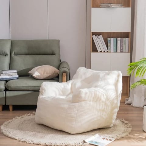 Soft Teddy Fabric Tufted Foam Bean Bag Chair With Teddy Fabric Ivory White