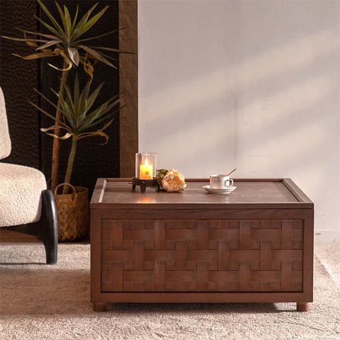 Farmhouse Vintage Coffee Table with Storage Brown Solid Wood Square Low Design