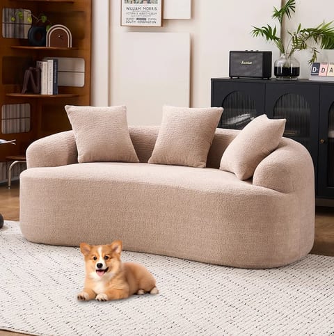 Warm Beige Convertible Corner Curved Loveseat Compressed No Assembly Chenille