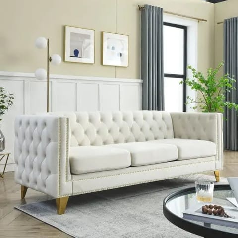 82.2-Inch Velvet Convertible Square Corner Sofa Set 5-Seater with 3 Cushions
