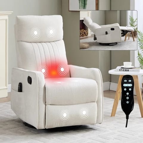 Beige Heat Massage Manual Recliner Chair with Rocker and Swivel in Fabric for