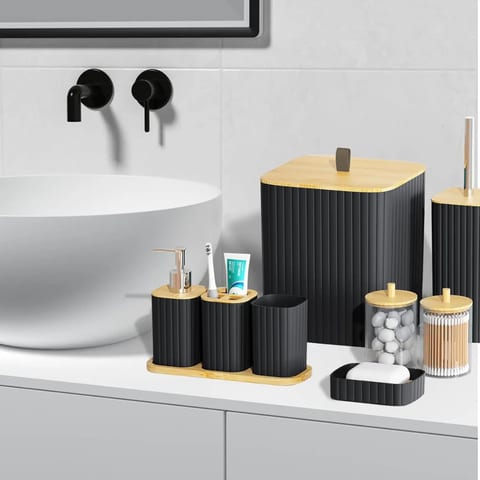 9-Piece Black Bathroom Set Includes Toilet Brush Holder Soap Dispenser