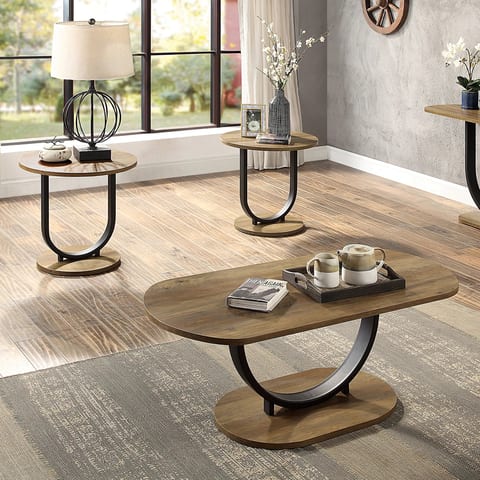 Modern 3-Piece Coffee Table with U-Shape Base Oak Wood Top Sand Black