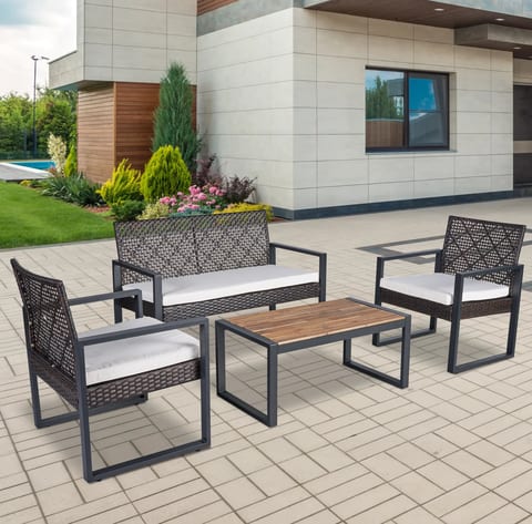 4-Piece Patio Furniture Set Acacia Wood Table Top - Modern Brown Beige Cushion