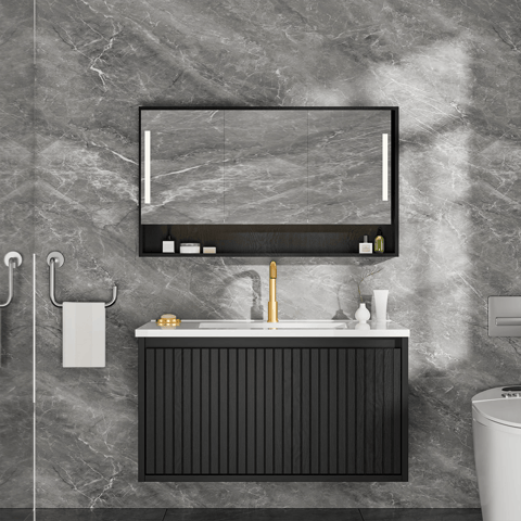 30 Inch Bathroom Vanity Cabinet With Ceramic Sink - Black Wall Mounted Floating
