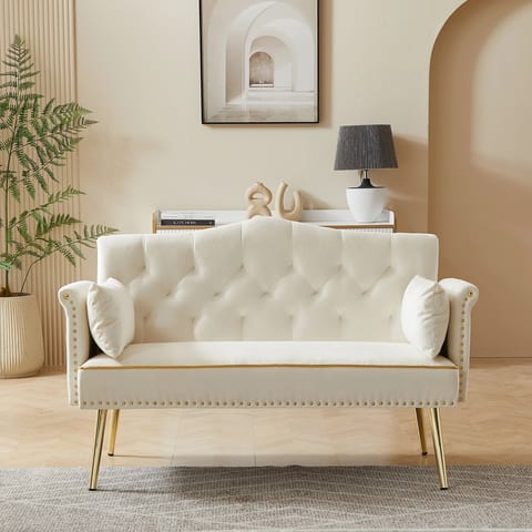 Cream White 2 Seater Wood Sofa Bed With Massage For Apartment And Living Room