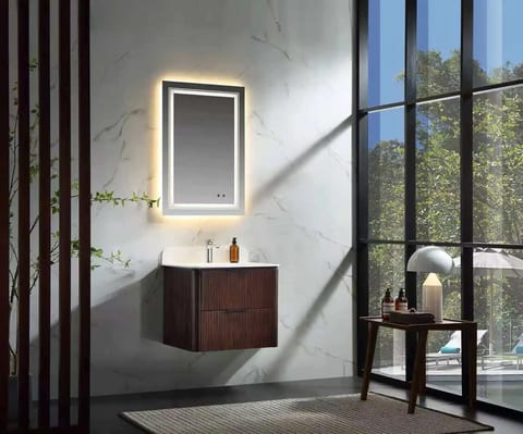 24 Inch Walnut Fluted Bathroom Vanity Wall Mounted Modern Bathroom Cabinet with