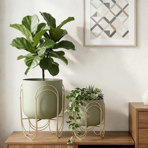 Set of 2 Green Planter Pots With Gold Metal Plant Stand Indoor Home Decorative
