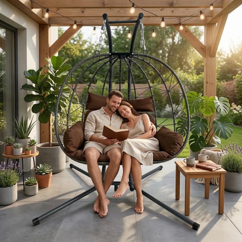 Double Hanging Egg Chair with Stand-Patio & Garden Swing Chair Cushion Loveseat