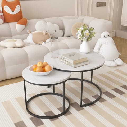 Modern Coffee Table Set 2 27.6inch Wood Marble Pattern Top Sturdy Metal Frame