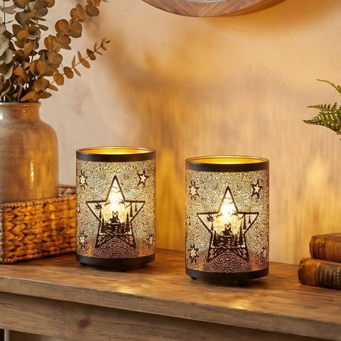 Set of 2 Cordless Table Lamp Star Pattern Lantern Light 3Pcs AAA Batteries