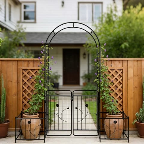 Metal Cream Outdoor Garden Arch with Gate Climbing Plants Support Rose Arch