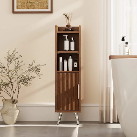 Modern Small Slim Door Bathroom Furniture Cabinet with Solid Wood Look Floor