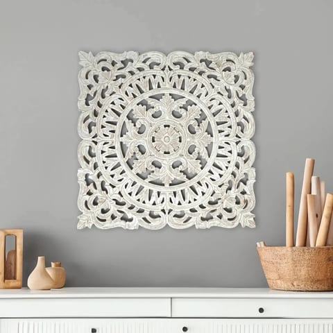 White Square Shape Handcrafted Wooden Wall Decor 36"x36" Elegant Home Accent