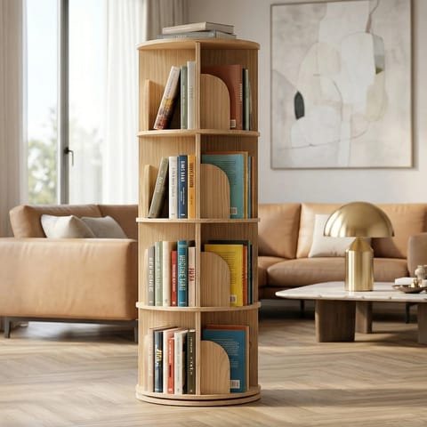 4 Tier Rotating Wooden Bookshelf 360 Spinning Storage Modern Design Space